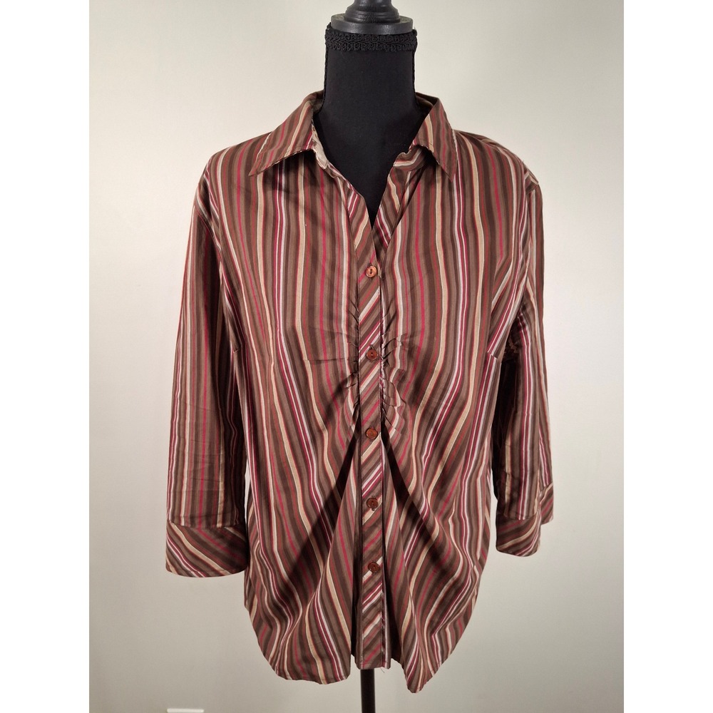 IB Diffusion Womens XL Brown Striped 100% Cotton 3/4 Sleeve Button Up Shirt